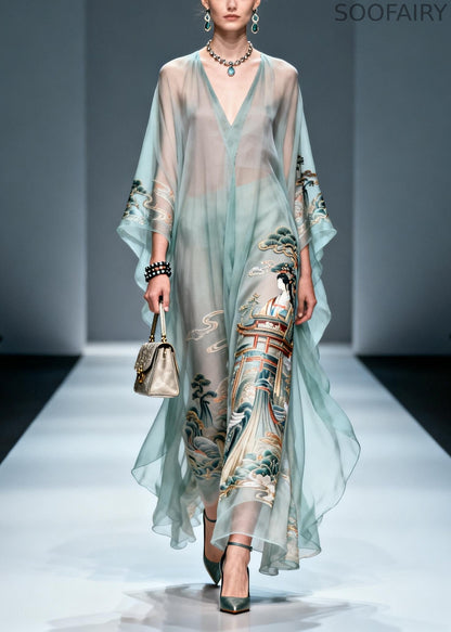 Blue Oversized Print Chiffon Long Dresses Summer