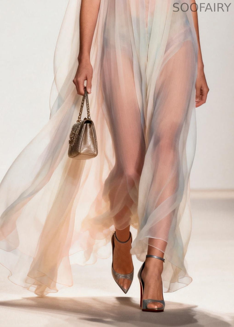 White Cold Shoulder Exra Large Hem Chiffon Beach Dress Summer