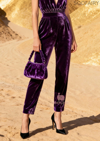 Classy Purple High Waist Silk Velvet Jumpsuit Sleeveless