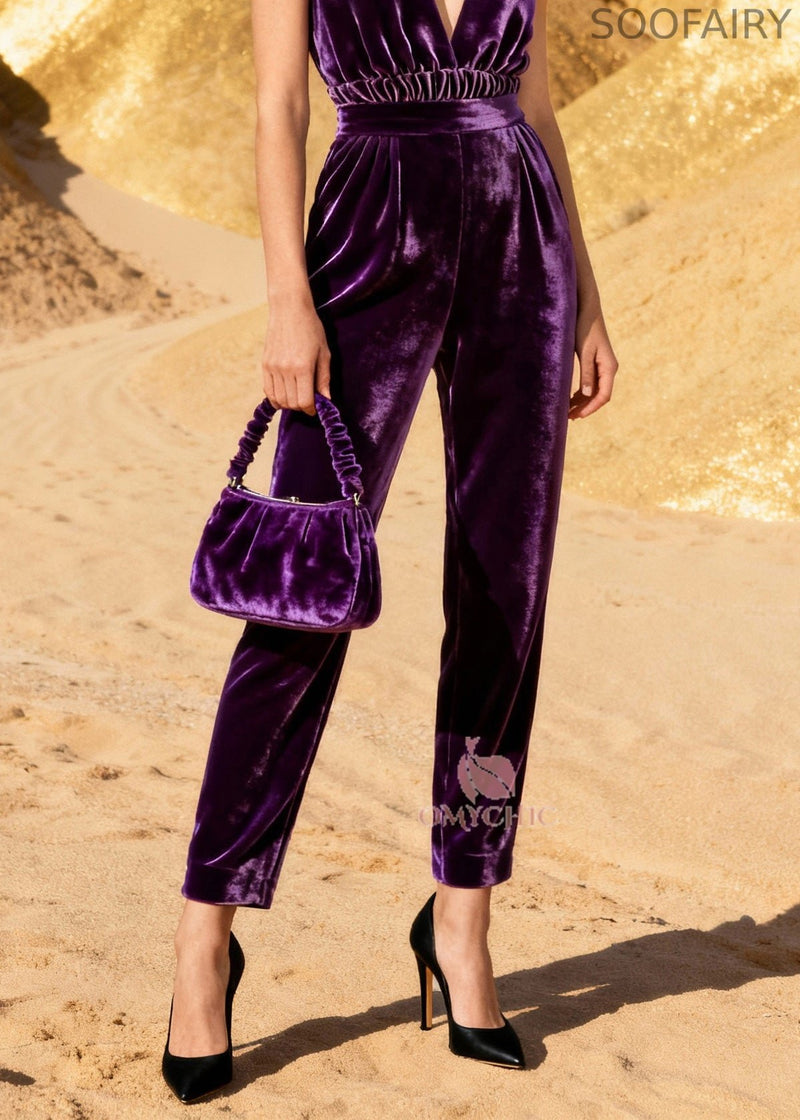 Classy Purple High Waist Silk Velvet Jumpsuit Sleeveless