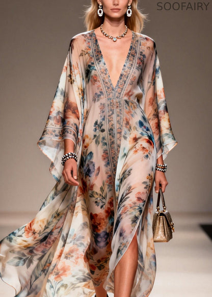 Unique V Neck Print Chiffon Maxi Dresses Spring