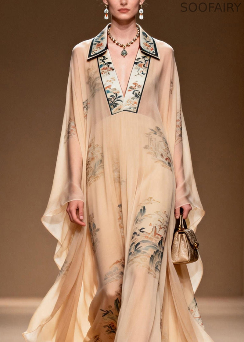 V Neck Print Wrinkled Chiffon Dress Spring