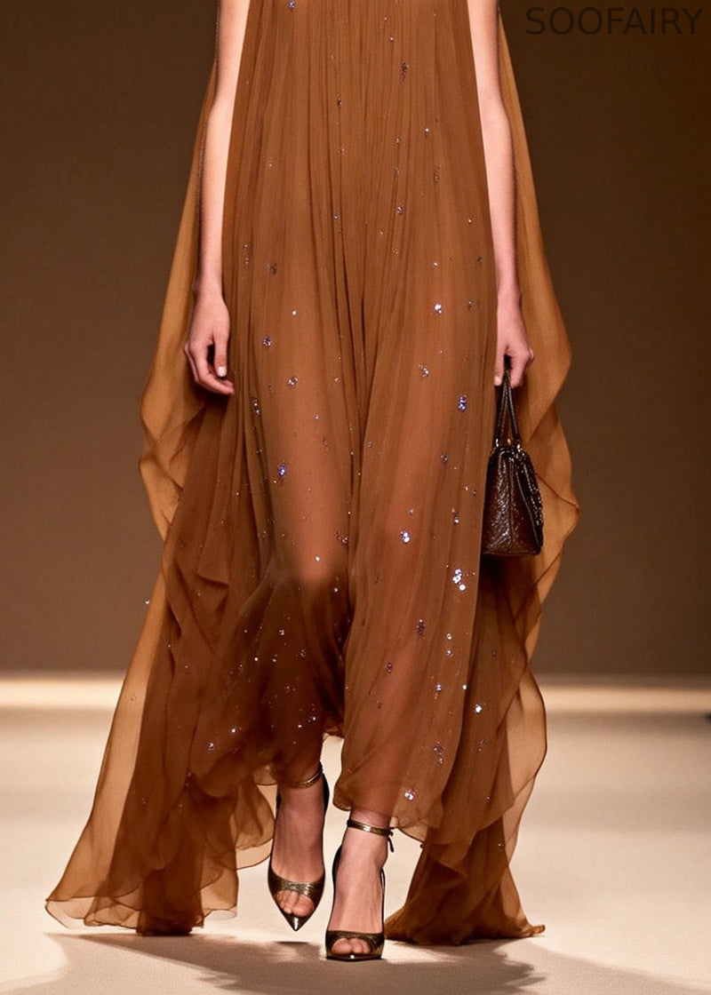 O Neck Zircon Chiffon Long Dress Sleeveless