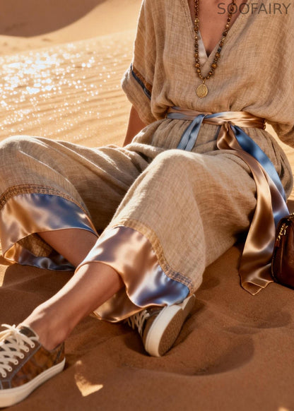 Linen Tie Waist Silk Patchwork Linen Jumpsuit V Neck Summer