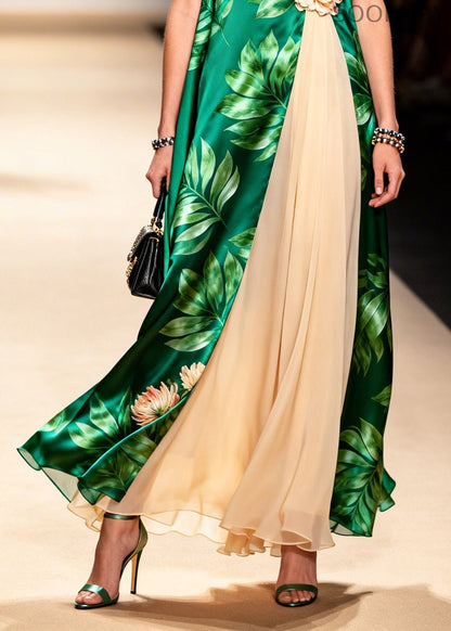 Green Print Handmade Flower Chiffon Long Dress Sleeveless