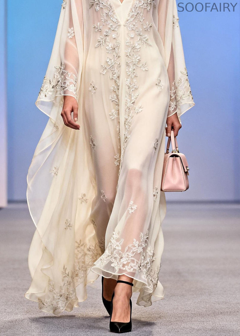 Handmade White Sequins Embroidered Chiffon Dress Spring