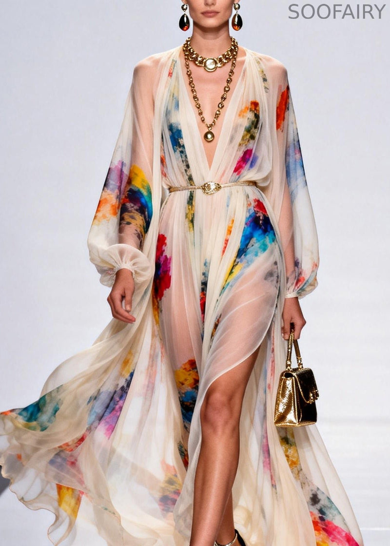 Style V Neck Print Side Open Chiffon Maxi Dress Spring