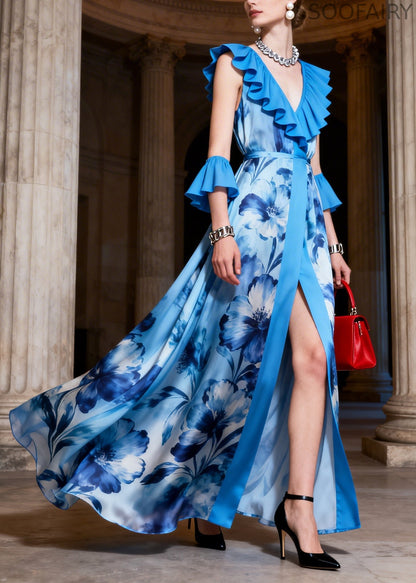 Blue Ruffled Print Chiffon Vacation Dress Sleeveless
