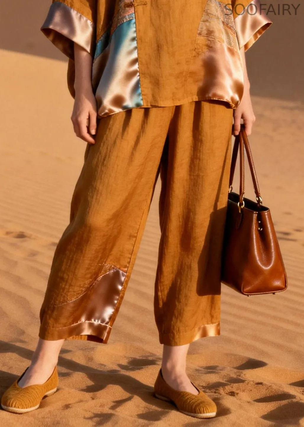 Brown Button Shirts and Crop Pants Silk Patchwork Two Pieces Set Half Sleeve
