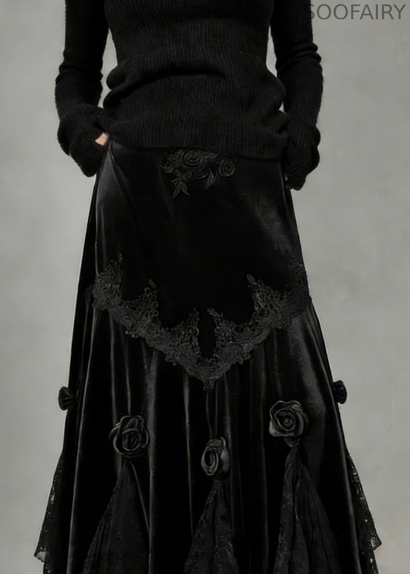 Slim Fit Black Lace Silk Velvet Fish Tail Skirt Spring