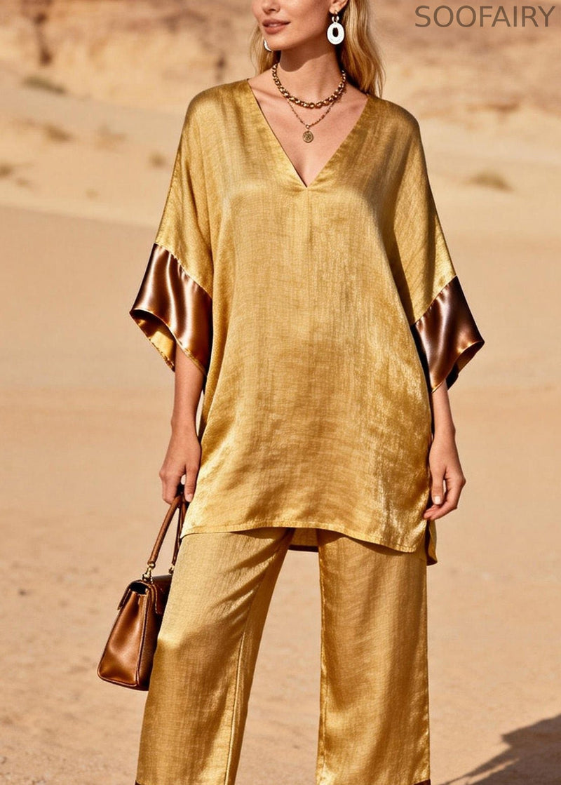 Style Gold V Neck Silk Patchwork Linen 2 Piece Outfit Summer