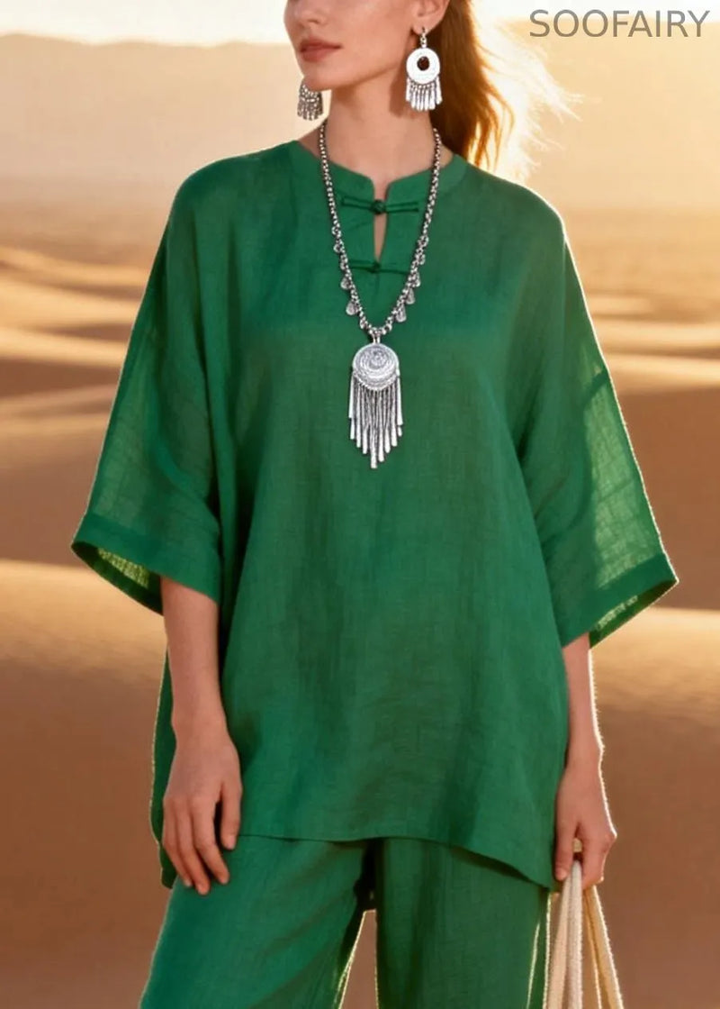 Green Sequins Shirts and Crop Pants Patchwork Linen Two Pieces Set O Neck Half Sleeve