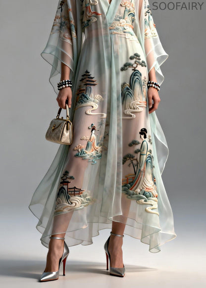 V Neck Asymmetrical Design Print Chiffon Dress Summer