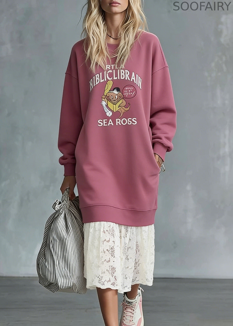 Loose Pink O Neck Print Lace Patchwork Warm Fleece Sweatshirts Dress Spring