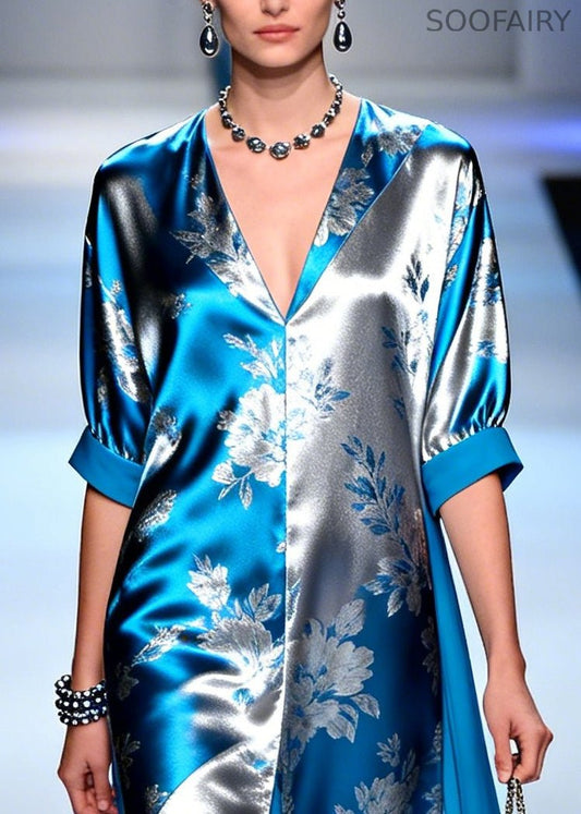 Modern Blue Jacquard Patchwork Draping Silk Maxi Dresses Summer