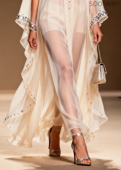 White Rhinestone Draping Chiffon Sheer Dress Sleeveless
