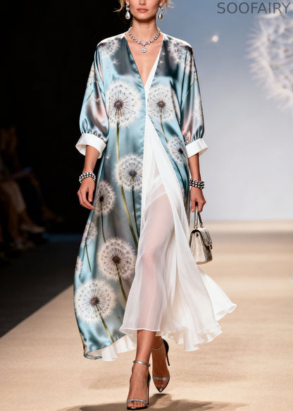 Style V Neck Print False Two Pieces Patchwork Silk Dresses Summer