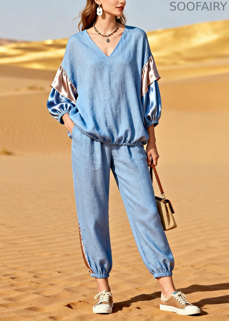 Modern Light Blue V Neck Patchwork Linen Silk Two Pieces Set Bracelet Sleeve