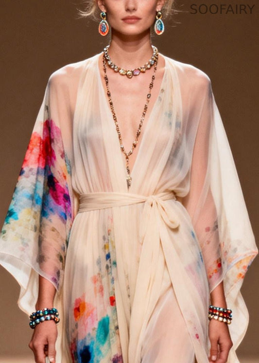 Apricot Tie Waist Print Chiffon Ankle Dress Summer