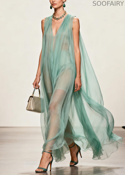 Simple V Neck Wrinkled Chiffon Long Dress Sleeveless