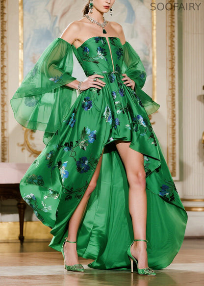 Fine Green Strapless Low High Design Chiffon Vestidos Dresses Summer