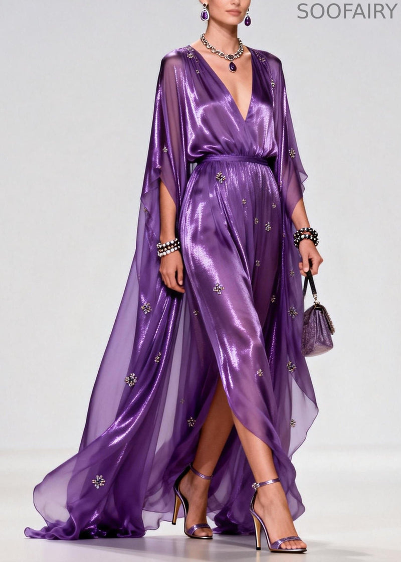 Purple V Neck Zircon Chiffon Long Dress Summer