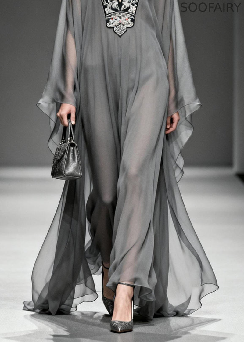 Grey V Neck Print Loose Chiffon Long Dress Spring