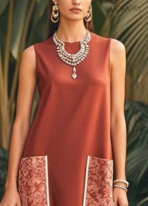 Brown O-neck Patchwork Pockets Silk Maxi Dress Sleeveless