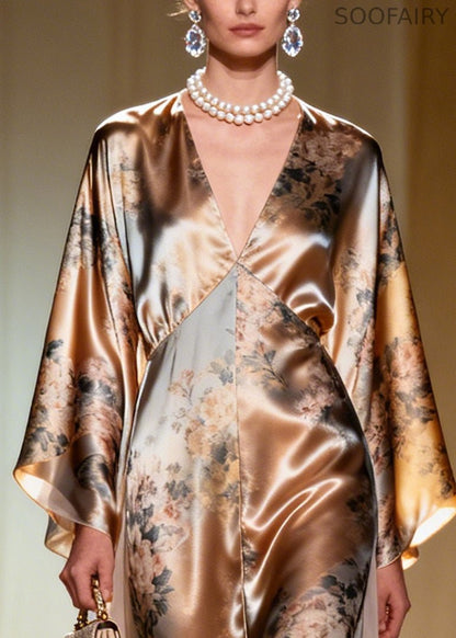 Champagne Print Tulle Patchwork Silk Maxi Dress Summer