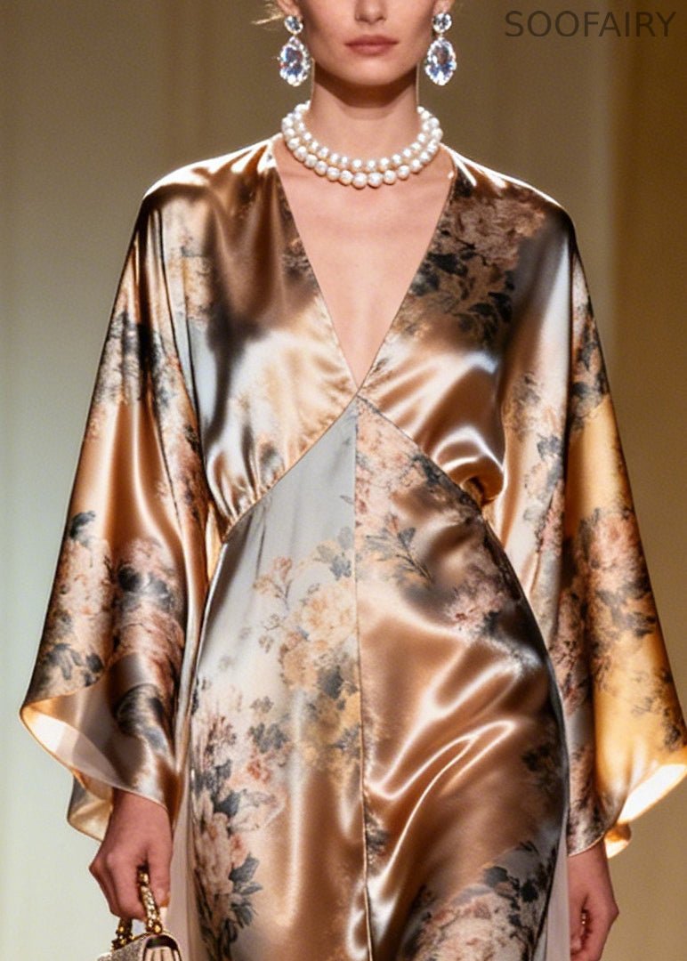 Champagne Print Tulle Patchwork Silk Maxi Dress Summer