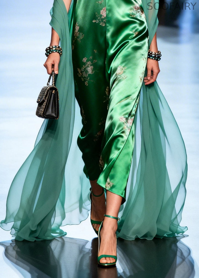 Green Print Patchwork Tulle Holiday Dress Summer
