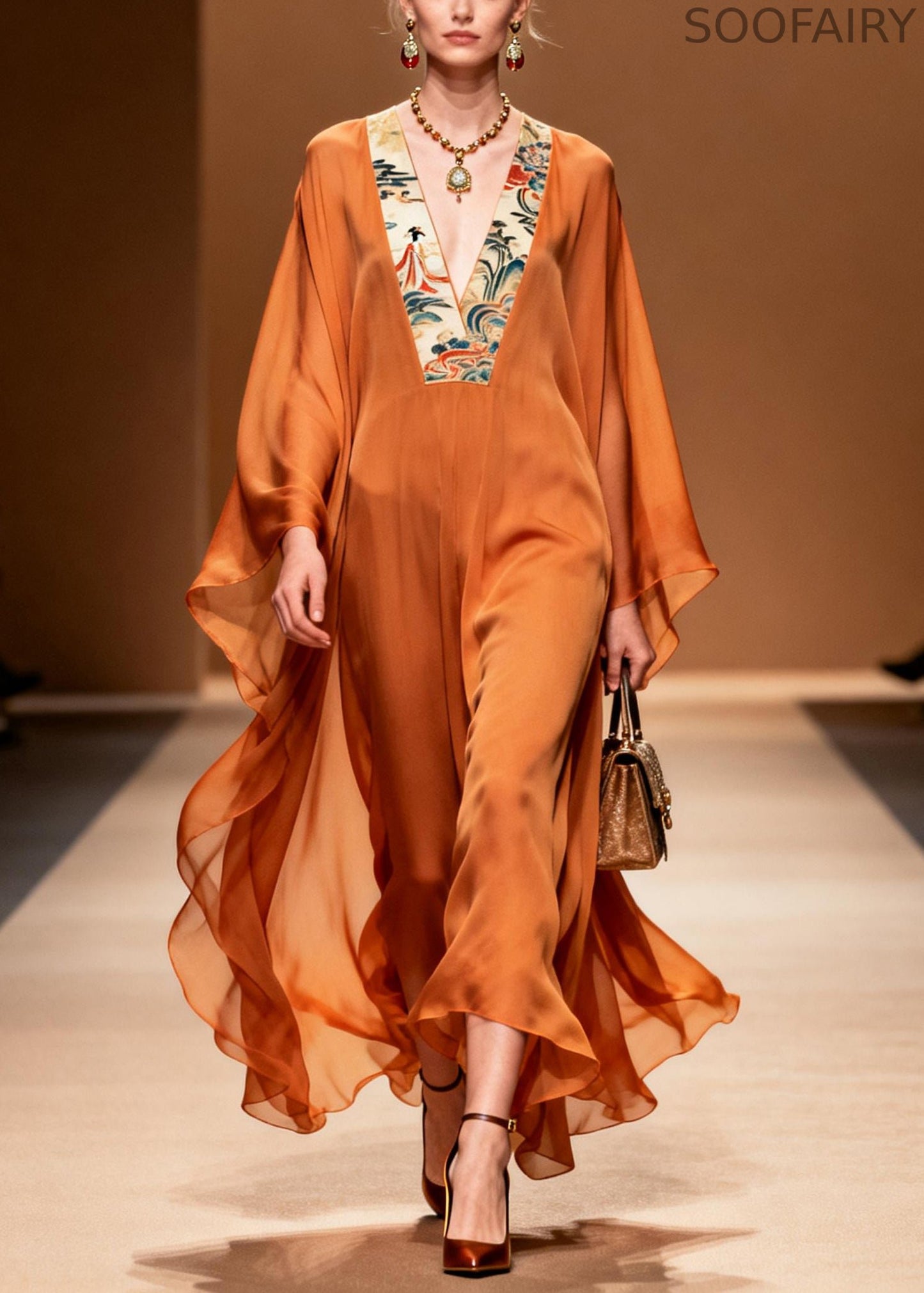 Orange V Neck Patchwork Chiffon Holiday Dresses Summer