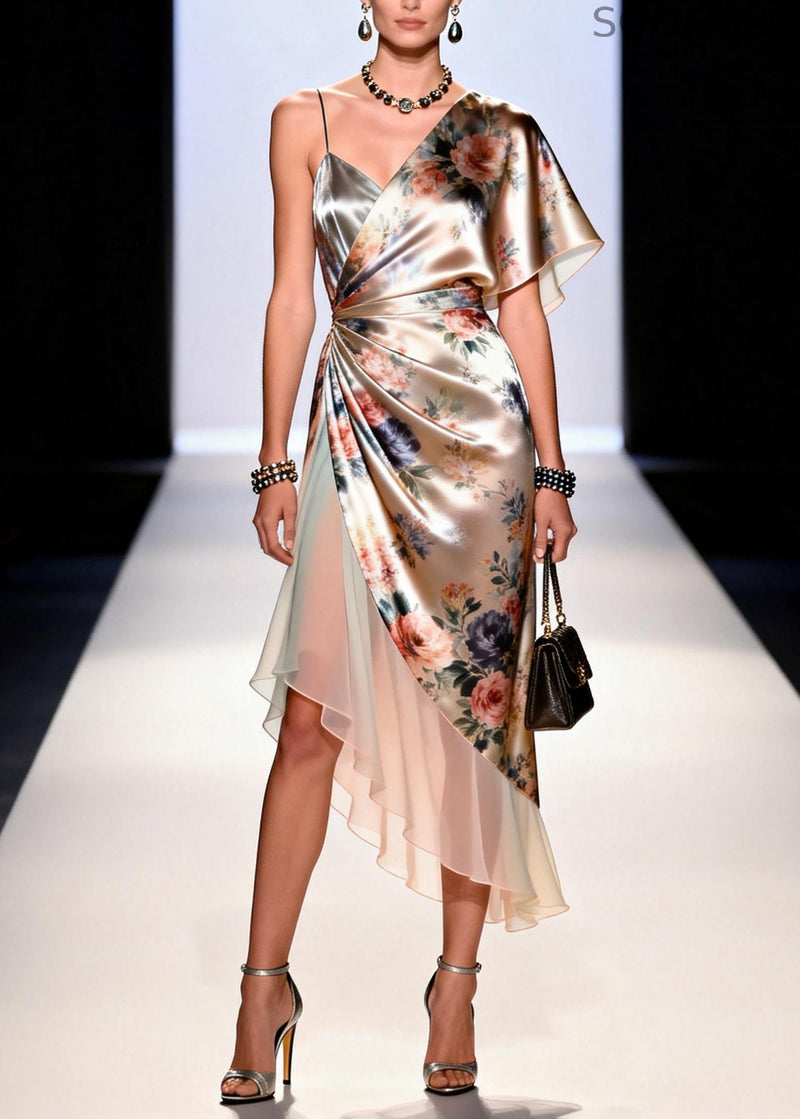 Apricot Asymmetrical Patchwork Chiffon Holiday Dress Summer