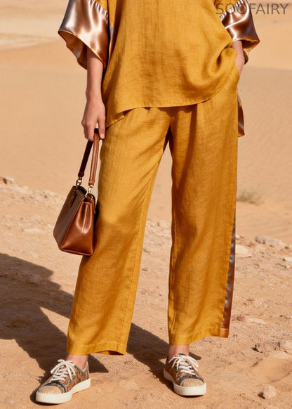 Yellow Oversized Patchwork Linen Silk Two Pieces Set Summer
