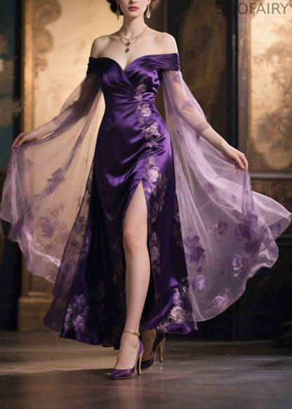 Stylish Print Cold Shoulder Tulle Patchwork Silk Dress Summer