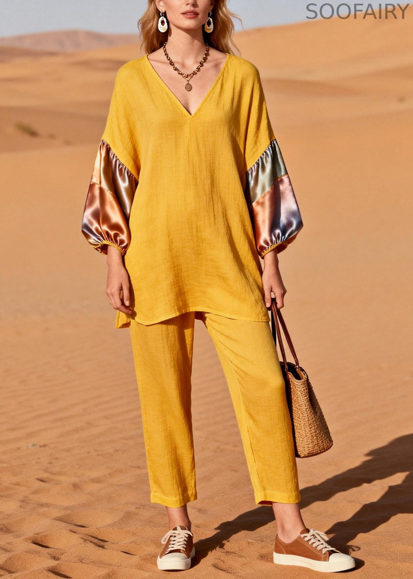 Italian Yellow V Neck Patchwork Silk Cotton Two Piece Suit Set Spring