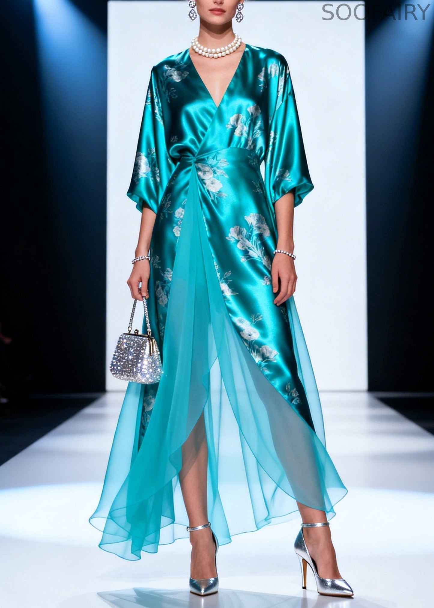 Lake Blue Print Tulle Patchwork Silk Long Dresses Summer