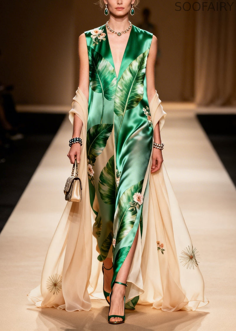 Green V Neck Print With Shawl Silk Long Dresses Summer