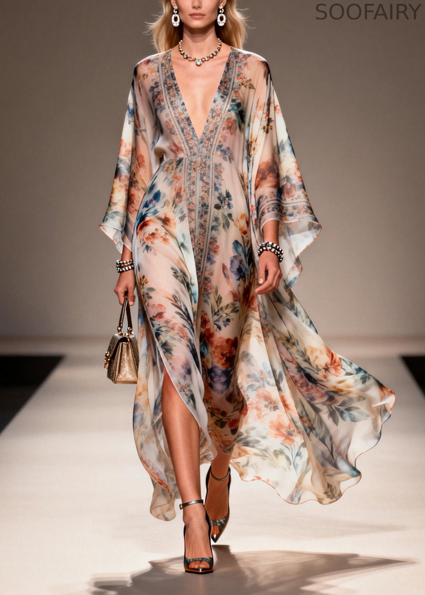 Unique V Neck Print Chiffon Maxi Dresses Spring