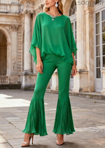 Green O Neck Tops and Wrinkled Flare Bottoms Cotton Two Pieces Set Batwing Sleeve