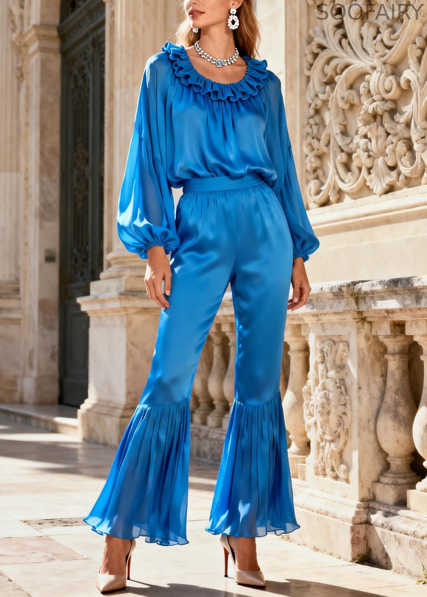 Stylish Blue Ruffled Tops and Flare Bottoms Silk Two Pieces Set Spring