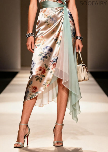 Khaki Asymmetrical Print Chiffon Maxi Dress Summer