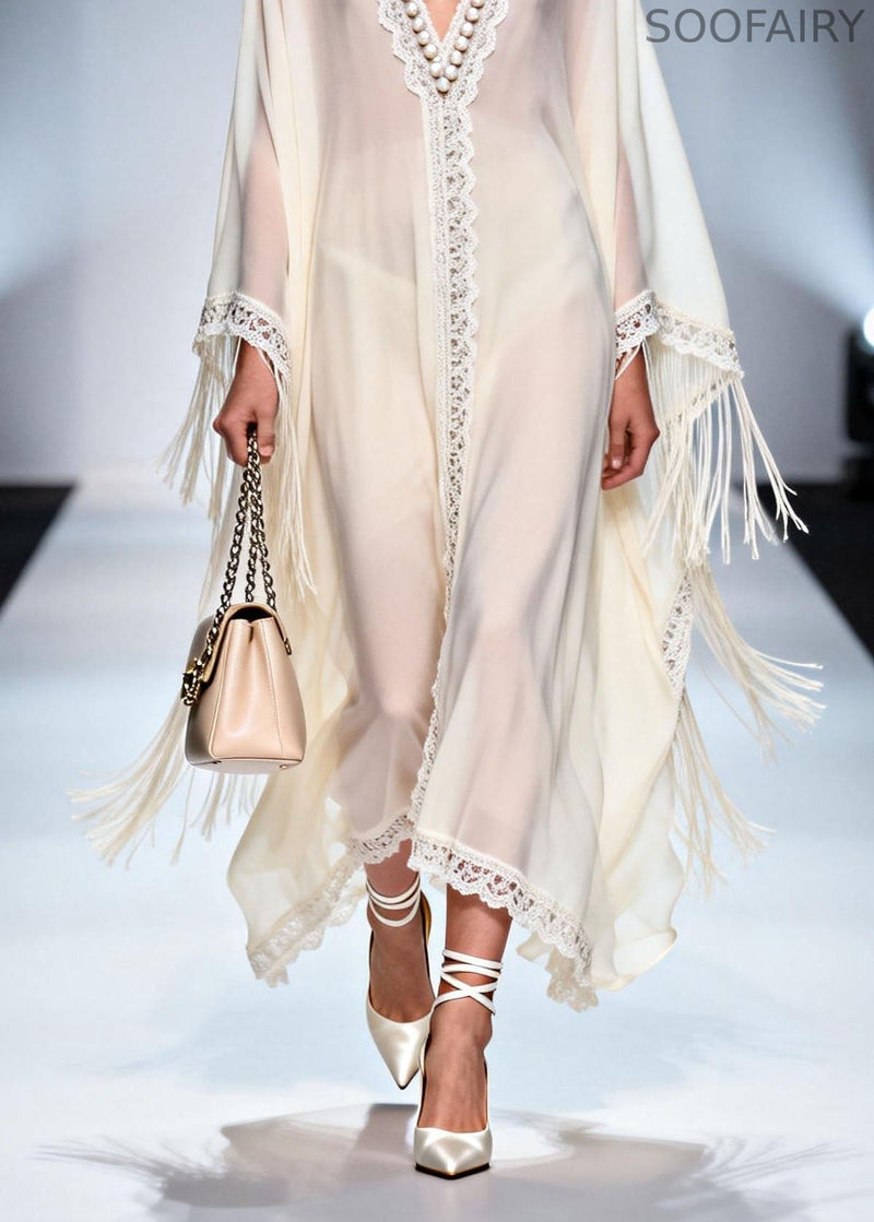 V Neck Tassel Nail Bead Patchwork Chiffon Dress Summer