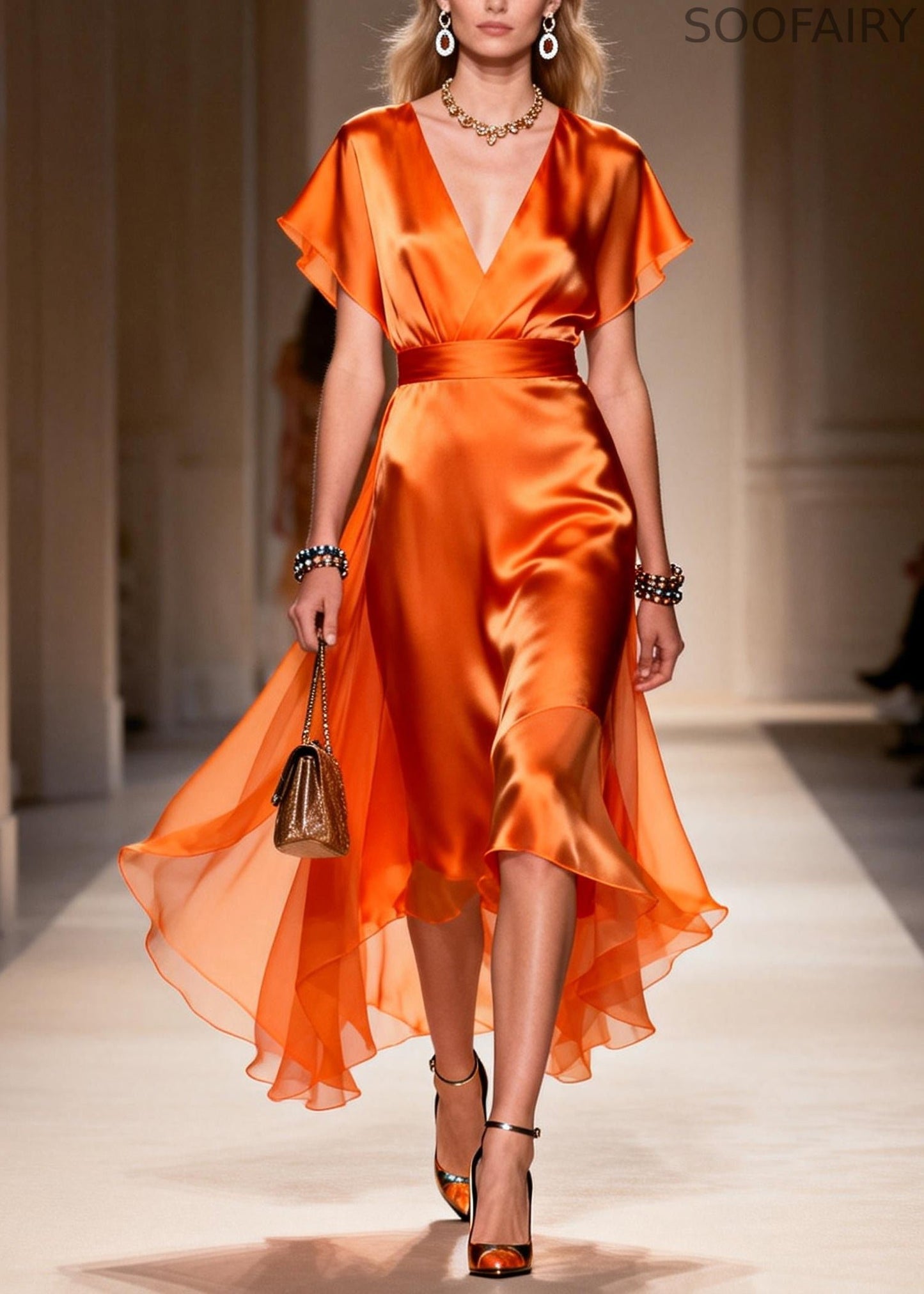 Stylish Orange Exra Large Hem Draping Chiffon Vacation Dresses Summer