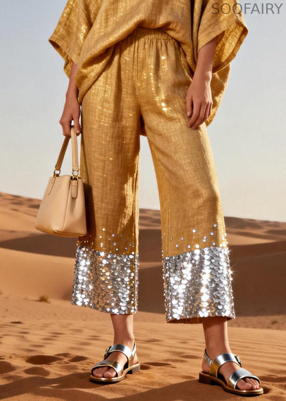 Italian Gold V Neck Elastic Waist Sequins Patchwork Linen Two Pieces Set Batwing Sleeve