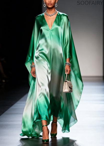 Gradient Green Oversized Chiffon Maxi Dress Batwing Sleeve