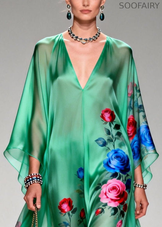 Art Tea Green Oversized Print Chiffon Long Dresses Summer