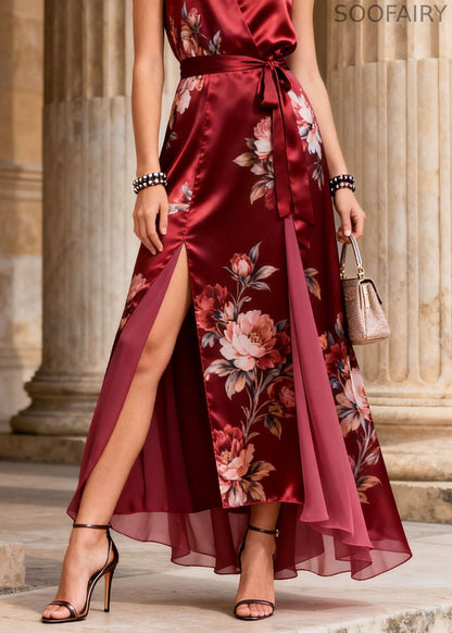 Handmade Red Print Side Open Lace Up Silk Dress Summer