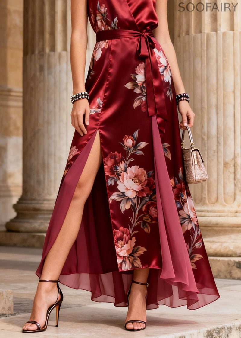 Handmade Red Print Side Open Lace Up Silk Dress Summer