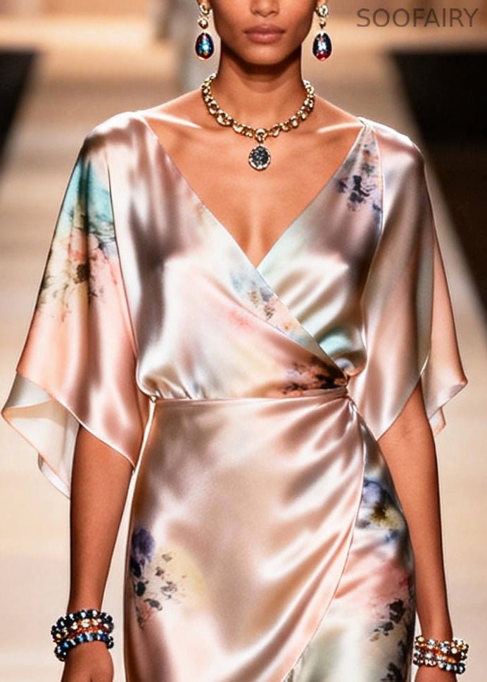 Apricot Asymmetrical Print Chiffon Party Dress Summer